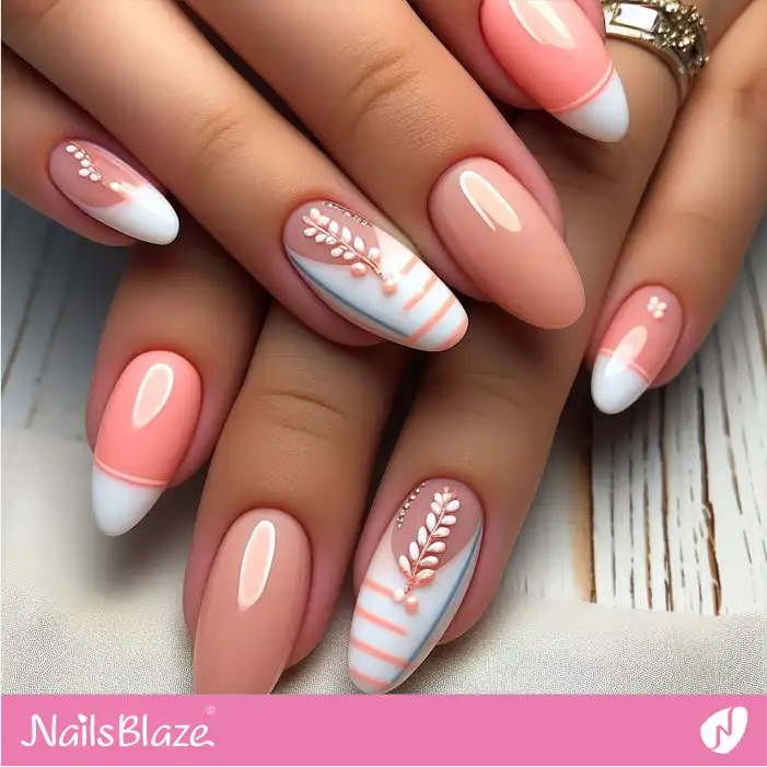 Peach Fuzz French Manicure with Stripes and Leaves | Color of the Year 2024 - NB1870